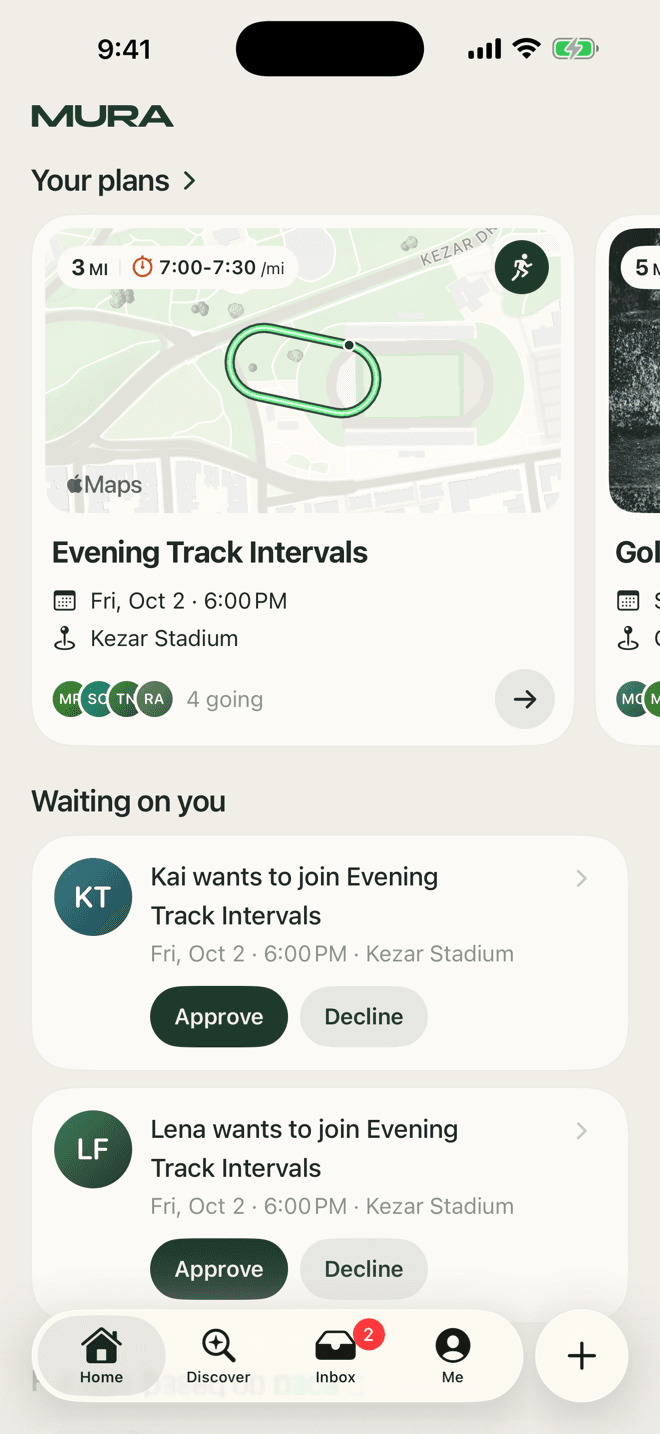 Mura's Home tab: an evening track session on a map and two requests to join.